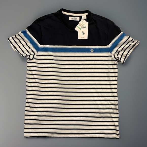 Penguin By Munsingwear Men's Short Sleeve Shirt Blue Stripes New NWT Large JBHS - Picture 1 of 8